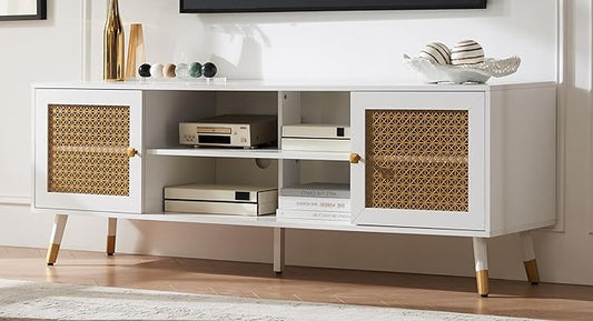 Mid Century Modern TV Stand for Living Room, TV Consoles for TVs Up to 75" - White Entertainment Center, 2 Gold Metal Mesh Doors & MDF Wood Grain, 15.8" D x 66" W x 23.5" H
