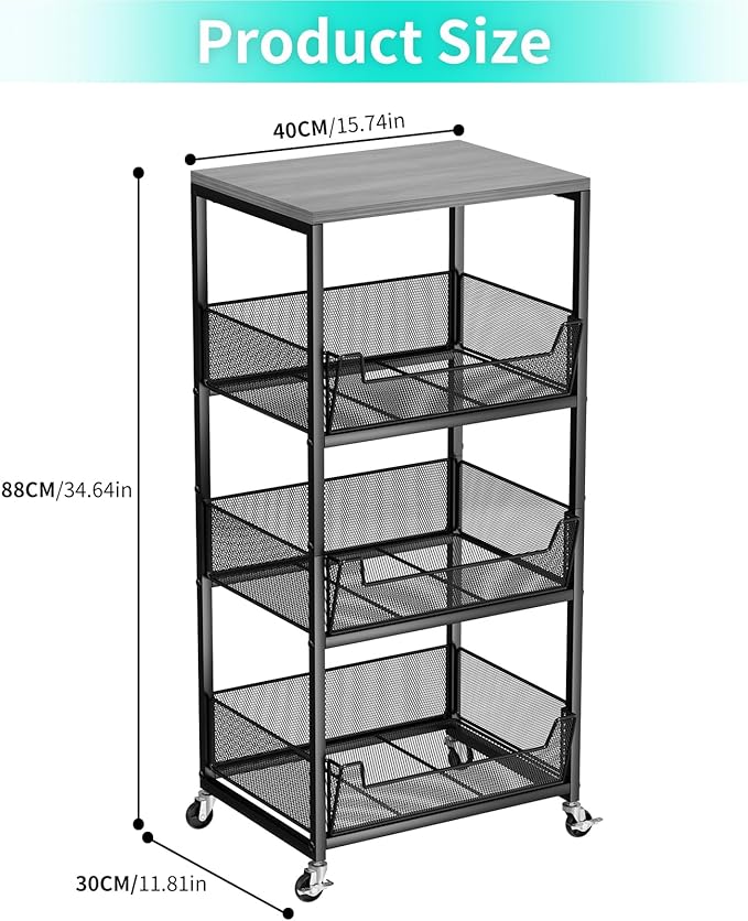 HapiRm Fruit Basket Kitchen Cart - 4-Tier Rolling Storage Cart with Wheels, Fruit Vegetable Basket with Wood Top, Pantry Utility Kitchen Organizer for Fruit Potato Onion Vegetable Bread Snack
