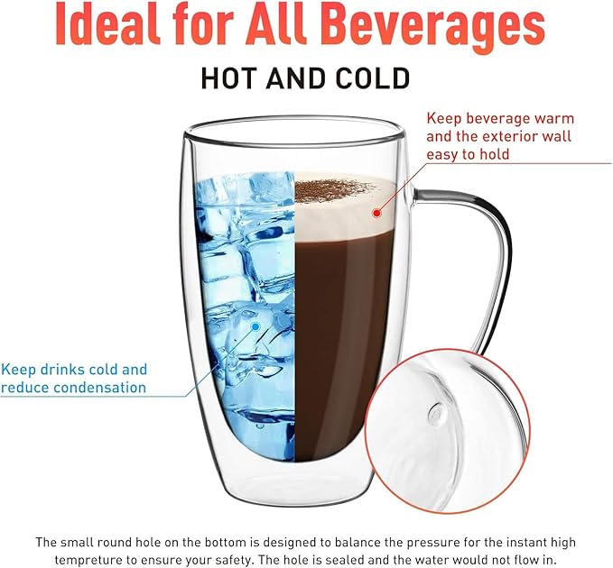 Espresso Cups Set Of 2 15 Oz, Double Walled Glass Coffee Mugs with Handle,Insulated Layer Coffee Cups,Clear Borosilicate Glass Mugs,Perfect for Cappuccino,Tea,Latte,Espresso,Hot Beverage,Wine