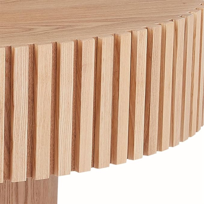 Round Coffee Table for Living Room, Accent Fluted Drum Coffee Table with Storage, Modern Solid Wood Circle Center Tea Table for Small Space Apartment (35.4''D×14''H-Natural)