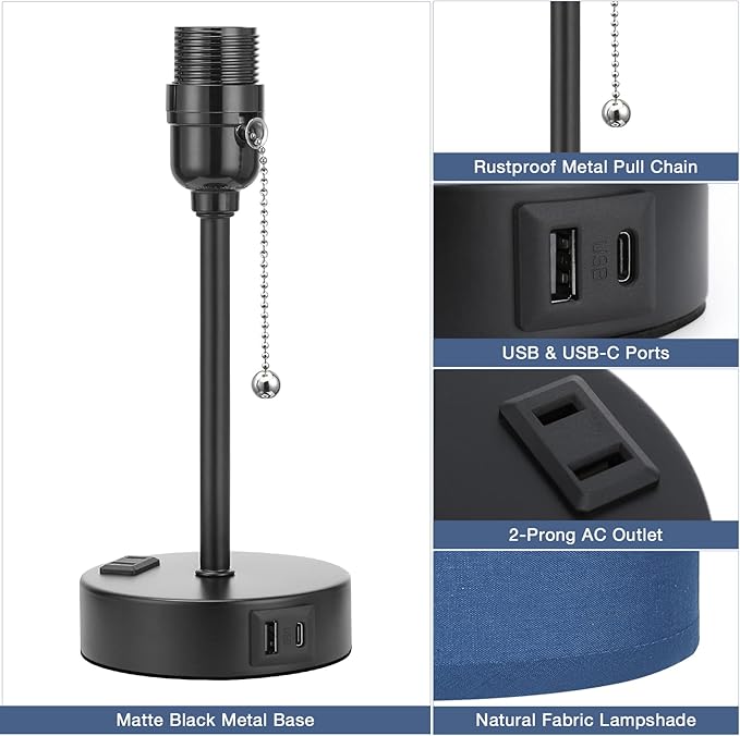 Blue Table Lamps 3 Color Temperatures - 2700K 3500K 5000K Bedside Lamps with USB C and A Ports, Pull Chain Lamps for Bedrooms with AC Outlet, Nightstand Lamps with Black Metal Base for Kids Boys