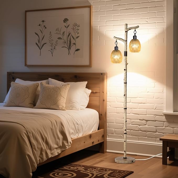 Scenekoy Retro 68.5” Tall Floor Lamp With Carving Shade, Farmhouse Resin Standing Lamp & Faux Birch Tree Finish, Dimmable Corner Lamp Stand Up Light with Bulb Prefer for Living Room Bedroom Home Decor