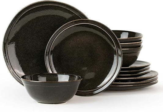 Famiware Aegean Dinnerware Set for 4, 12-Piece Plates and Bowls Sets, Stoneware Scratch Resistant Dinner Set, Handmade Irregular Round Dishes, Microwave and Dishwasher Safe, Black Coffee