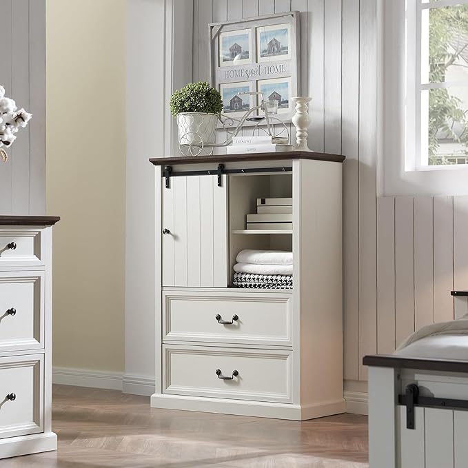 Farmhouse 5 Drawers Dresser for Bedroom, 47" Tall Chest of Drawers w/Sliding Barn Door, Rustic Wood Dressers Organizer w/Adjustable Shelves for Bedroom, Living Room, Kitchen-Antique White