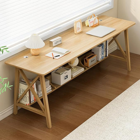 Extra Long Desk with Bookshelf - Wooden Home Office Work Study Table, 2-Person Writing Computer Workstation with Storage Shelf in Oak, 71" Wx20 Dx30 H