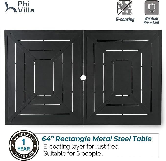 PHI VILLA 7 Piece Outdoor Dining Set for 6, 64" Metal Steel Dining Table with Umbrella Hole & Cushioned Rattan Chairs for Patio, Yard, Porch, Deck