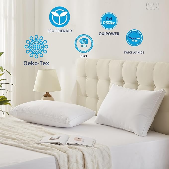 Goose Down Feather Pillows with 100% Cotton Cover, Soft Gusseted Bed Hotel Collection Pillows for Sleeping, Set of 2, Queen Size