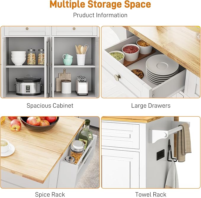 59" Kitchen Cart with Wood Top and Drop Leaf Breakfast Bar, Rolling Mobile Kitchen Island Table on Wheels with Drawer and Storage Cabinet, Spice Rack, Towel Rack, White
