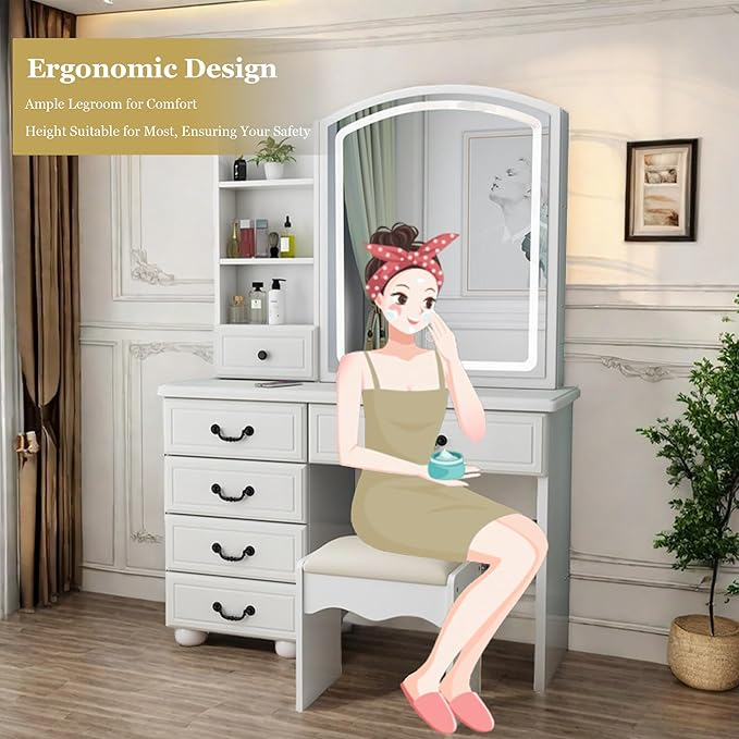 Elegant Vanity Desk with Lighted Mirror, 6 Drawer White Dressing Table Set for Bedroom, Features Adjustable 3-Color LED Lights, Perfect Makeup Vanity with Storage