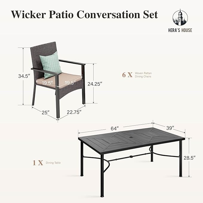HERA'S HOUSE 7-Piece Patio Dining Set, 6 x Outdoor Rattan Armchair with Removable Soft Cushions and 1 x Rectangular Metal Dining Table, All-Weather Resisitant, Suitable for Lawn, Garden, Backyard