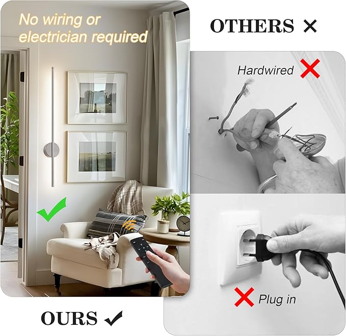 Battery Operated Modern Wall Sconces, Dimmable Wireless Wall Light Set of Two with Remote Control, 3 Color Temperatures, Rechargeable LED Wall Sconce for Bedroom, Living Room,Hallway, 27.6 Inch Nickel