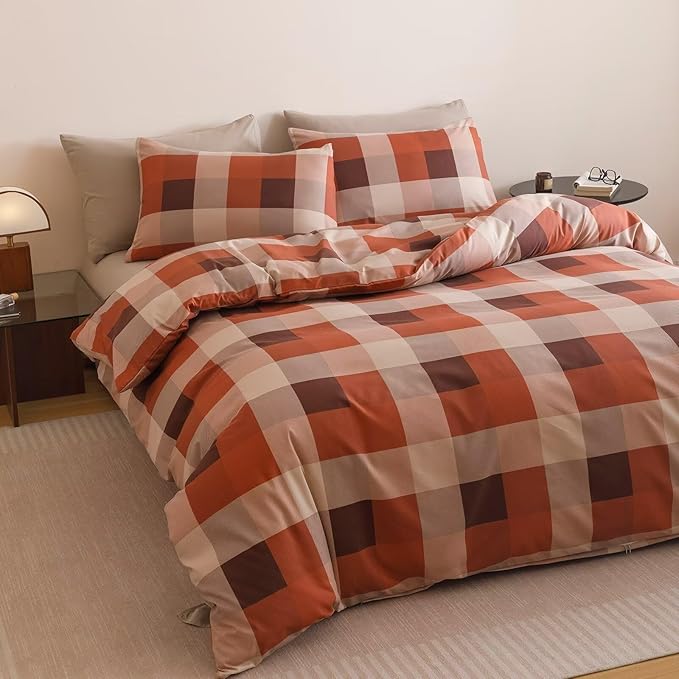 Luxlovery Gingham Red Comforter Set Queen Checkered Bedding Set Women's Bedding Grid Bedding Set Fluffy Soft Cottagecore Khaki and Brick Red Blanket Quilts with 2 Pillowcases Queen Bed