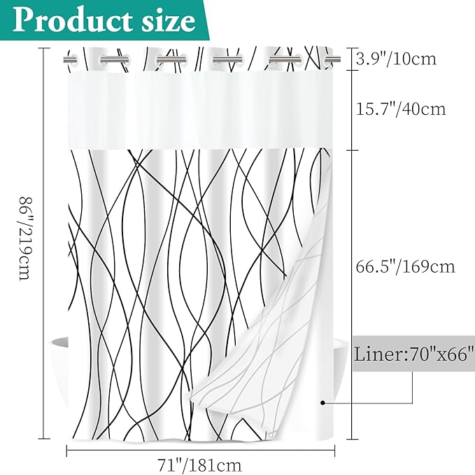 No Hook Black and White Striped Long Shower Curtain with Snap in Liner Set - Hotel Shower Curtain and Liner Set with See Through Mesh Top Window,Machine Washable, 71x86 INCH
