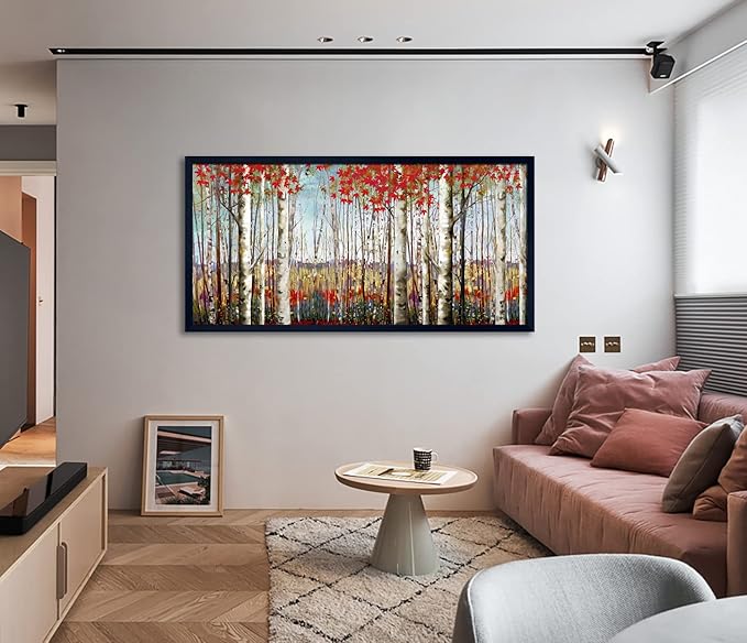 Large Framed Wall Art for Living Room Bedroom Modern Wall Decor of Red Leaves White Birch Tree Forest Giclee Painting Artwork Wall Decoration 29x58 Large Size Black Framed