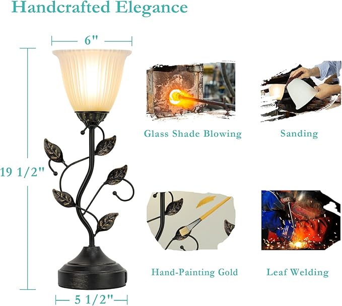 Touch Lamps for Nightstand Set of 2, Stripe Glass Shade Blossoming Bedside Lamp with USB A+C Charging Ports, Torchiere Table Lamp with Metal Leaf Base Decor Bedroom Living Room