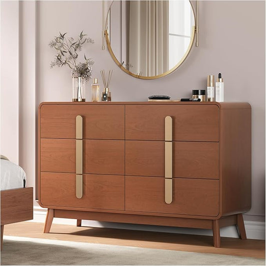 Dresser for Bedroom with 6 Drawers,Mid Century Modern Dresser with Storage,47" Wide Chest of Drawers with Metal Handles,Large Wood Drawer Organizer for Bedroom,Living Room,Hallway,Cherry