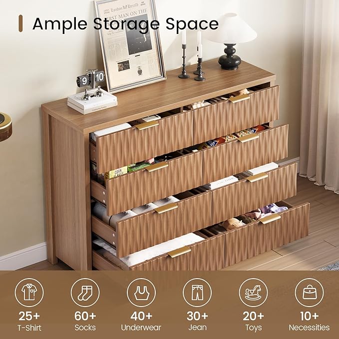 Dresser for Bedroom with 8 Drawers, 46.9" Wide Modern Chest of Drawers with Metal Handle, Wood Dresser TV Stand, Wood Storage Organizer for Bedroom, Living Room(Brown)