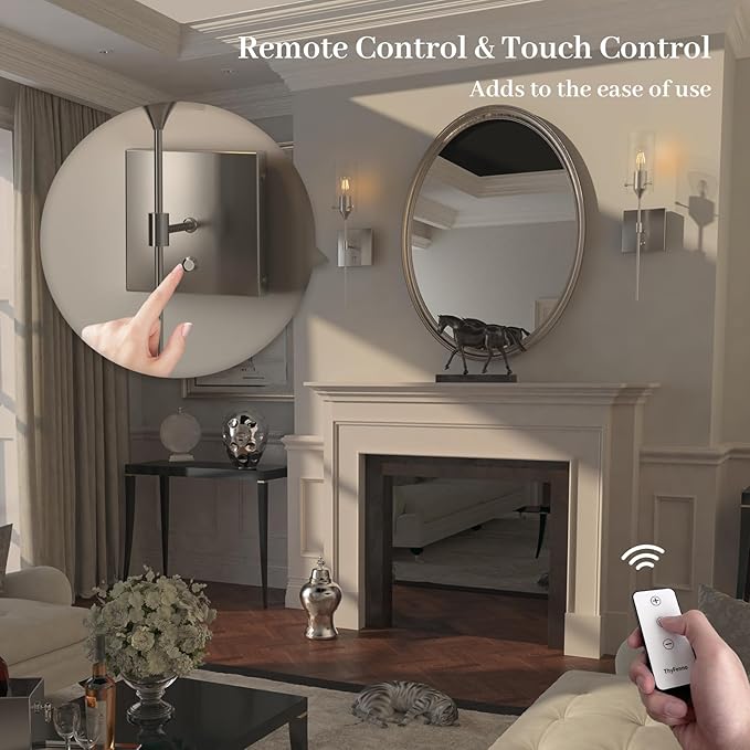 Battery Operated Wall Sconce with Remote Control Set of 2, Dimmable Wall Light Fixture Rechargeable, Nickel Wireless Wall Mount Lamp for Living Room Bedside Hallway Lounge, Bulb Included