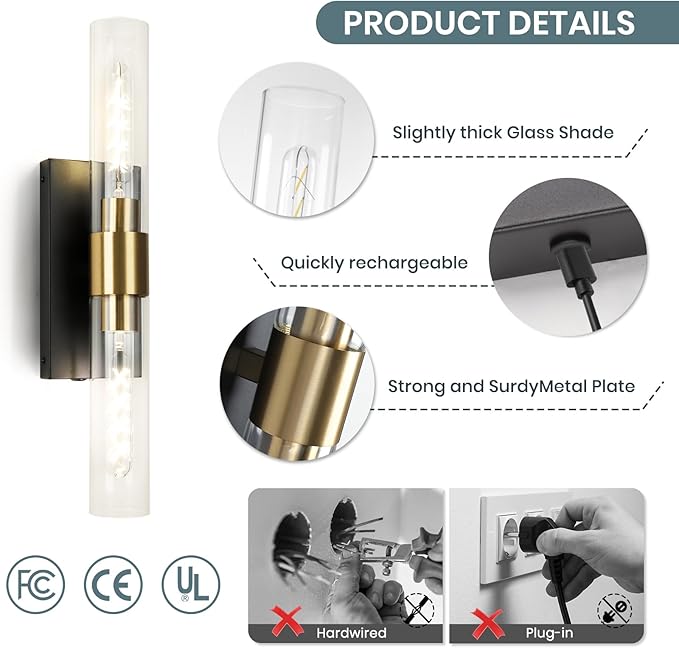 Wall Sconce Set of Two, Battery Operated Wall Sconce, Rechargeable Wall Lamp with Remote, Indoor Non-Hardwired Wall Sconces, Modern Vanity Light for for Bedroom, Hallway, Aisle