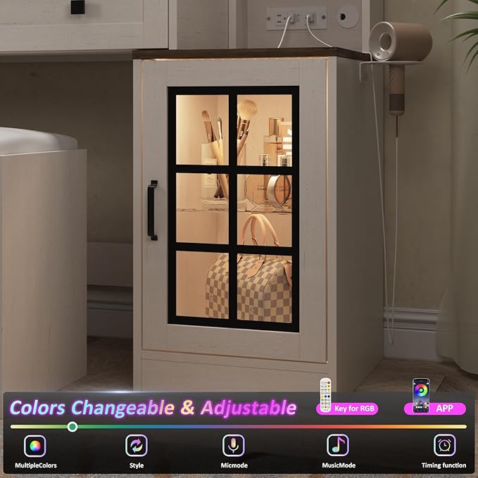 Vabches Makeup Vanity Desk with Sliding Mirror, 41.8'' White Farmhouse Vanity Table with Stool, Jewelry Cabinet & Charging Station, Large Drawer, Visual Cabinet, 3 Lighting Modes, Adjustable Shelves