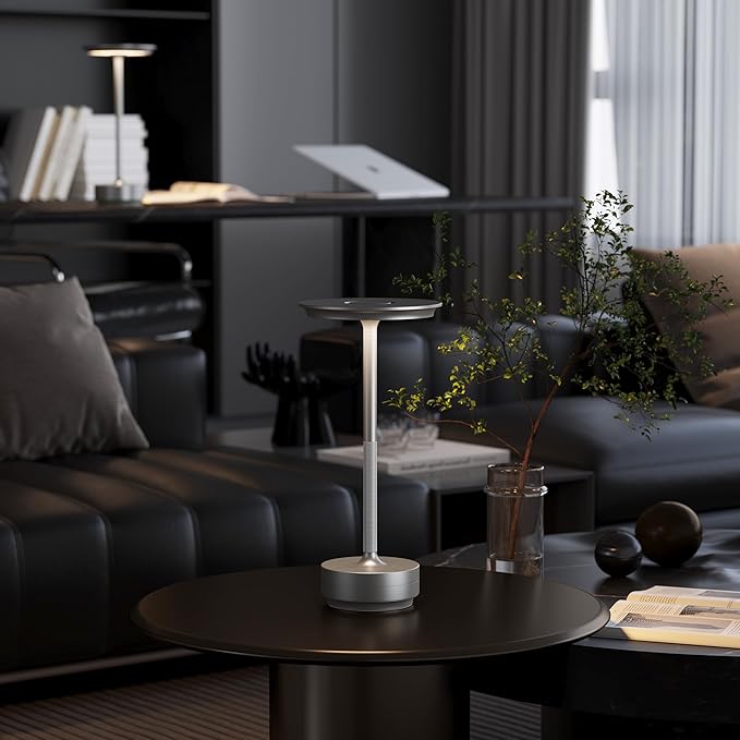 Rechargeable Cordless Table Lamps, Portable 5000mAh Battery Table Light, 3 Color Stepless Dimming LED Table Light with Memory Function, for Outdoor/Dinner/Patio/Restaurant.(Silver)