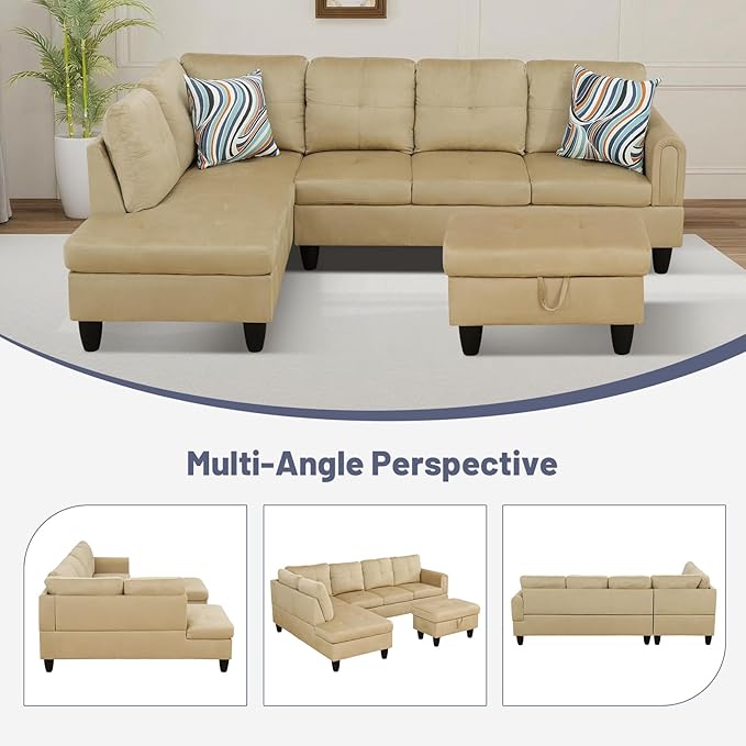 L-Shape 3-Piece Cloud Sofa, Couch for Living Room, Beige Flannel Fabric L-Shape with Reversible Chaise & Storage Ottoman, Ergonomic 110–115° Recline, Solid-Wood Frame