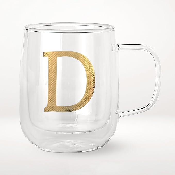 COLLECTIVE HOME - Double Walled Glass Coffee Mugs, Insulated Coffee Mug with Handle, Personalized Gifts for Women, Men, Christmas, 14 oz Monogram Cups (D)