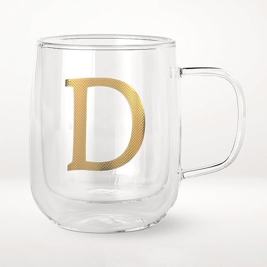 COLLECTIVE HOME - Double Walled Glass Coffee Mugs, Insulated Coffee Mug with Handle, Personalized Gifts for Women, Men, Christmas, 14 oz Monogram Cups (D)