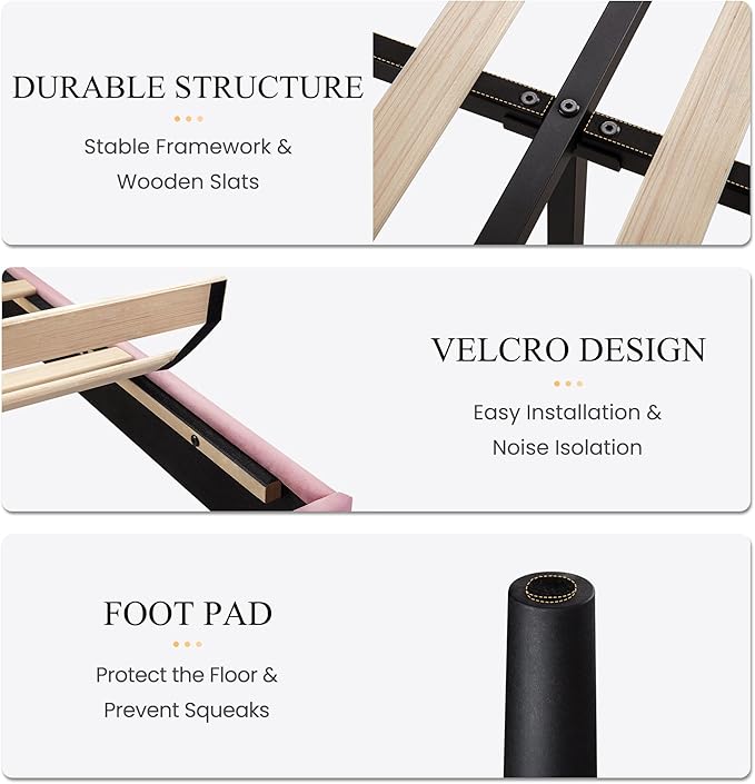 SHA CERLIN King Size Velvet Bed Frame with Vertical Channel Tufted Wingback Headboard, Upholstered Platform Bed with Wood Slats, No Box Spring Needed, Easy Assembly, Pink