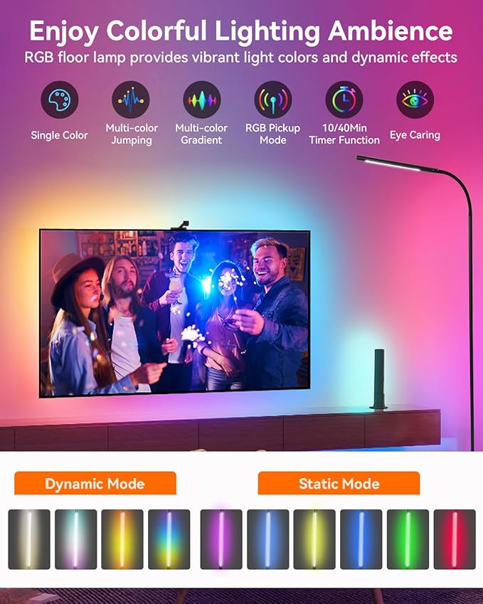 Pak Smart RGB Floor Lamp, LED Floor Lamp for Living Room, Modern Adjustable Gooseneck Standing Lamp with Music Sync, Scene Modes, Remote & Touch Control, Eye-Caring Reading Light for Bedroom Gaming