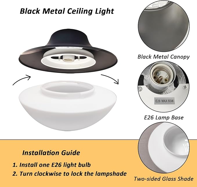 Modern Matte Black Semi Flush Mount Ceiling Light Fixture Industrial Metal Round Bowl Shape Milk Glass Light Fixture Ceiling Mount for Bathroom Bedroom Hallway Office Living Room