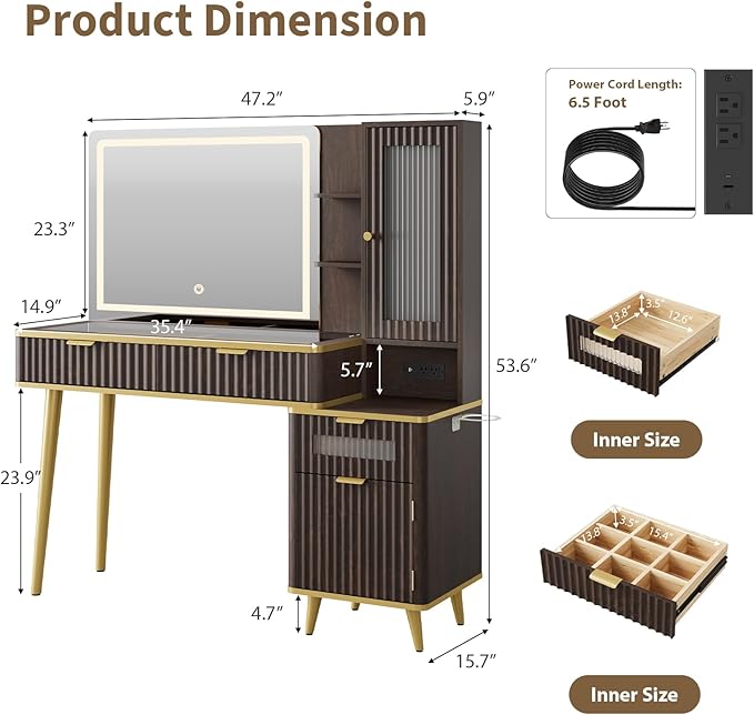 QUW Fluted Makeup Vanity Desk with Mirror and Lights, Modern Glass Top Vanity Table with Charging Station, Vanity Mirror 3 Lighting Modes Adjustable Brightness, Dressing Table for Bedroom, Dark Walnut