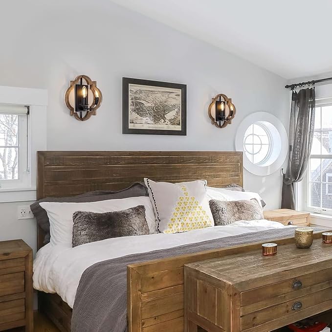 VILUXY Wood Wall Sconces Retro Industrial Wall Light Farmhouse Geometric Bedside Wall Lamps Fixture Black Wall Mount Sconces for Bedroom, Hallway, Entryway, Passway, 2 Pack