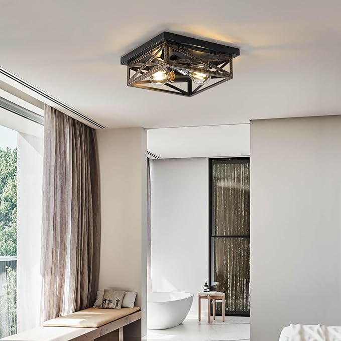 2Pack Rustic Flush Mount Ceiling Light Fixture, Modern Farmhouse Light Fixture, Kitchen Hallway Light Fixtures for Bedroom,Dining Room Entryway,Industrial Metal Cage Ceiling Light