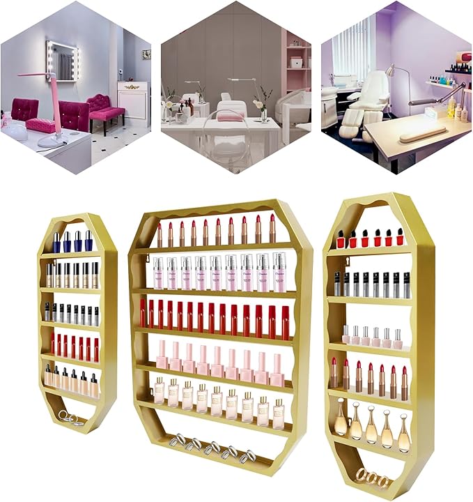 Metal Nail Polish Storage Rack, Wall Mounted Cosmetic Display Case, Lipstick Shelf, Essential Oil Organizer for Bottles, Spa Nail Salon (Gold)