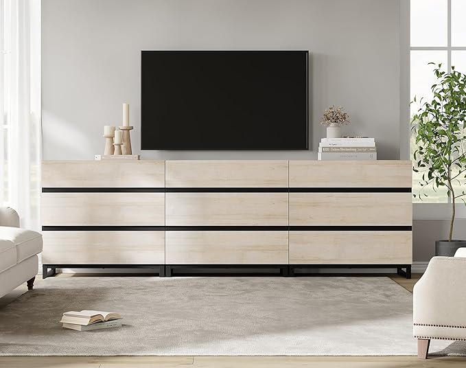 WAMPAT Modern TV Stand for TVs up to 100 inch, Entertainment Center TV Console with 9 Drawers and Metal Base, Media Console for Living Room, Bedroom, Light Oak