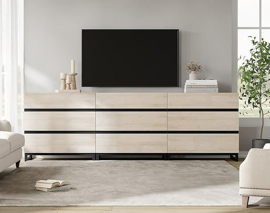 WAMPAT Modern TV Stand for TVs up to 100 inch, Entertainment Center TV Console with 9 Drawers and Metal Base, Media Console for Living Room, Bedroom, Light Oak