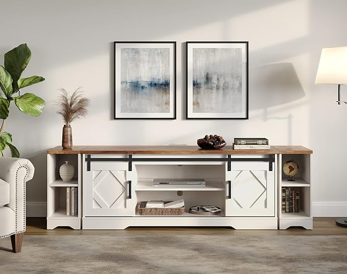 WAMPAT Modern Farmhouse 3 in 1 TV Stand for up to 85" TVs Wood Entertainment Center with Sliding Barn Door and Adjustable Media Storage Shelf for Living Room,Cream White