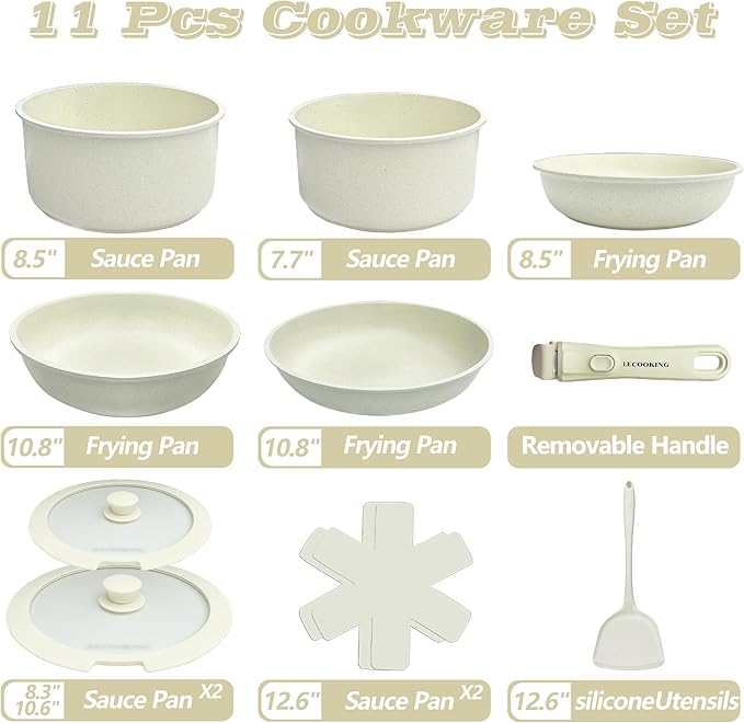 11 PCS Pots and Pans Set, Cookware set with removable Handles, Dishwasher and oven Safe, Detachable Cooking Set, Induction and Gas Stove kitch set, White