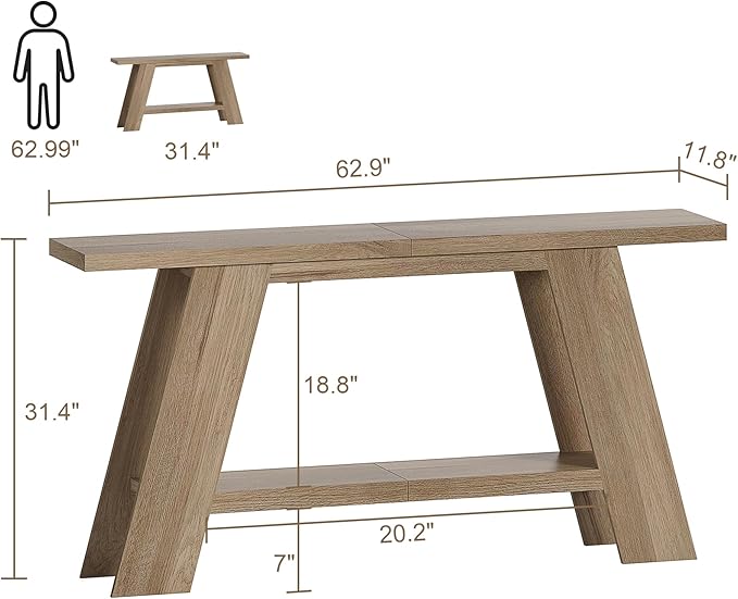 Treocho 63 Inch Long Farmhouse Console Tables for Entryway, 2-Tier Modern Wood Sofa Table with Shelf Behind Couch, Contemporary Narrow Entryway Table for Living Room, Hallway, Entrance, Walnut