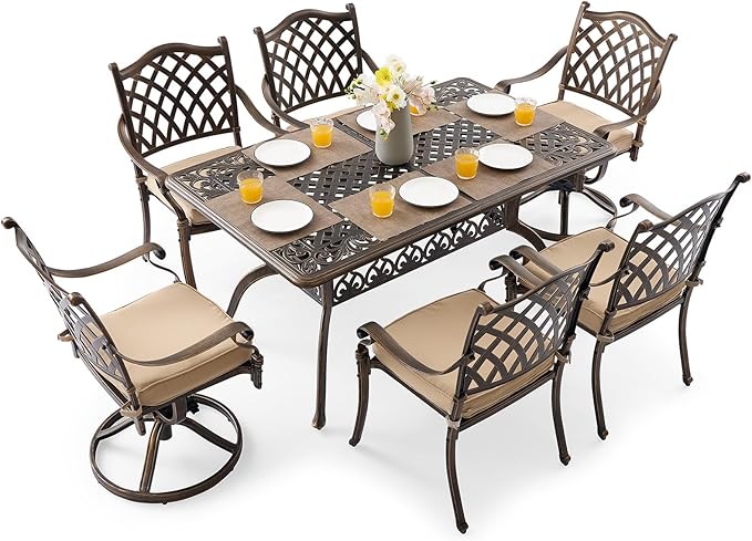 7 Piece Outdoor Dining Set Cast Aluminum, Retro Patio Dining Furniture Set for 6 Includes 59” Rectangular Table 2 Swivel Chairs with Thicker Cushions and Umbrella Hole for Patio Deck Garden