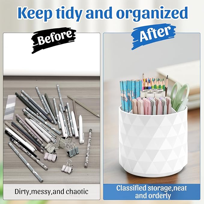 Desk Organizer,Sparkling Diamond-like Pen Holder for Desk 360°Rotating Office Accessories,Pencil Cup with 5 Compartments Storage Box Caddy for Office,School,Home,Art Supply(White)