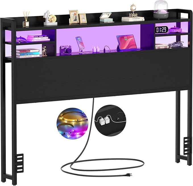 Aheaplus Headboard for Full Size Bed with Storage, Headboards with LED Light, Power Outlets, USB Ports Full Size Head Board, Wood headboard Only Sturdy and Stable Headboards, Modern, Black