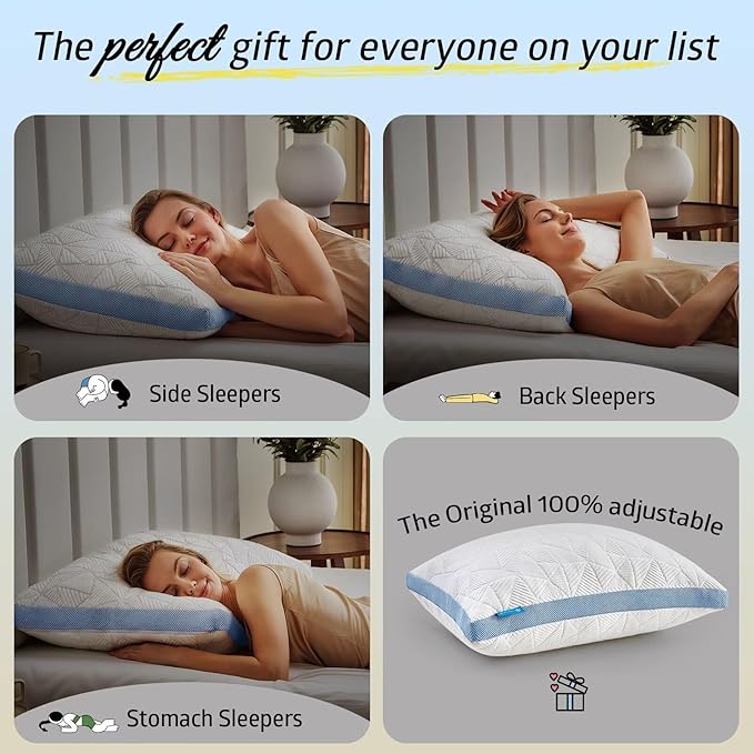 BETU Cooling Pillow King Size, Shredded Memory Foam Pillows for Hot Sleepers, Adjustable Firm Bed Pillows, Hotel Collection Side Sleeper Pillow for Back Pain, Neck, Blue, 20”x36”