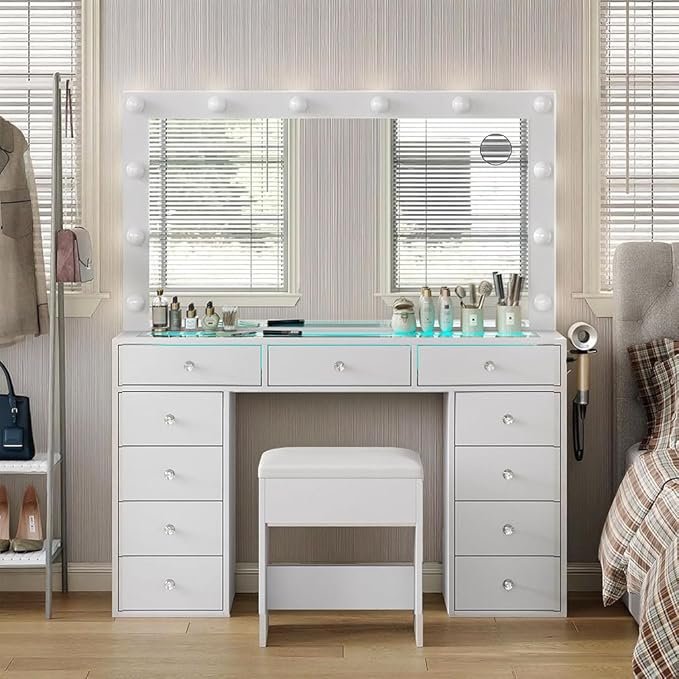 Vanity Desk with Mirror, Makeup Table with Power Outlet and 11 Lights, Set 3 Lighting with RGB Drawers, Vanity Table with 11 Drawers and Cushioned Stool for Bedroom, Dressing Room (White)
