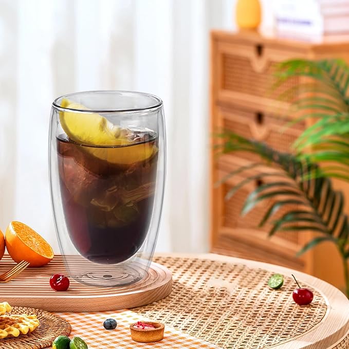 Glass Coffee Cups Set of 4, 16 oz Double Walled Glass Coffee Mugs, Insulated Coffee Mug for Espresso, Cappuccino, Latte, Tea