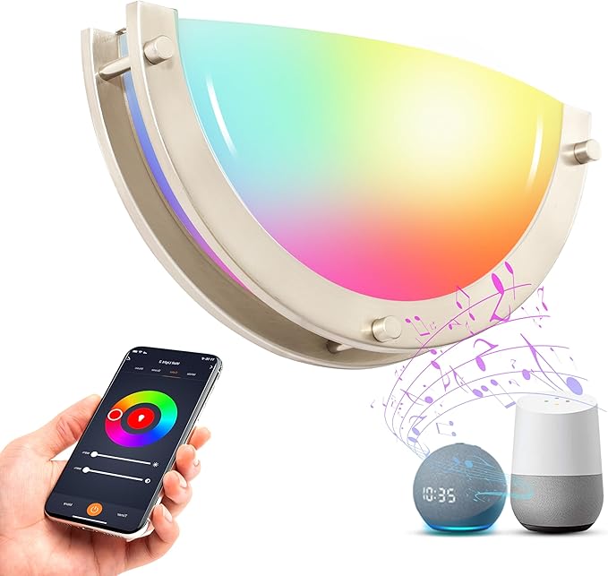 CLOUDY BAY Smart WiFi LED Wall Sconce,RGBCW Color Changing Wall Light,Compatible with Alexa and Google Home Assistant,No Hub Required,15W 2700K-6500K,CRI90+,Brushed Nickel