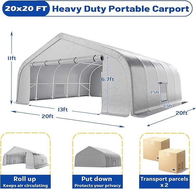 EROMMY 20x20 FT Heavy Duty Durable Carport, Galvanized Steel Frame Garage Shelter and Outdoor Storage, Waterproof 3-Layer PE Cover, Fits 2 Cars, Boat, Farm Equipment, Silver Gray