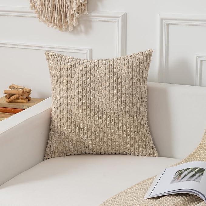 Kevin Textile Throw Pillow Covers Soft Corduroy Decorative Set of 2 Boho Striped Pillow Covers Pillowcases Farmhouse Home Decor for Couch Bed Sofa Living Room 18x18 Inch Beige