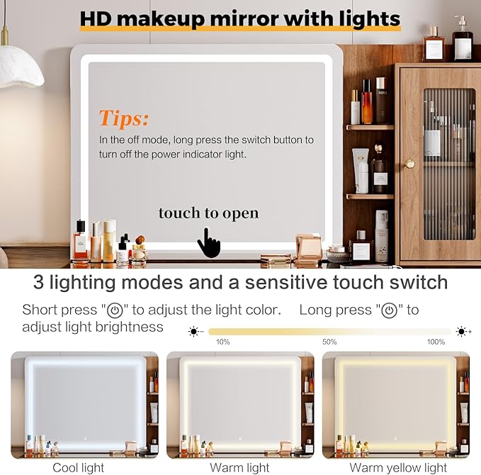 Vanity Desk with 29.53" HD Lighted Mirror, 47.24" Big Modern Vanity Desk with Mirror and Lights, Makeup Vanity with 5 Drawers and Storage Shelves and Charging Station, Brown